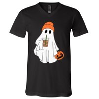 Halloween Ghost Drinking Coffee Ghost Ice Coffee V-Neck T-Shirt