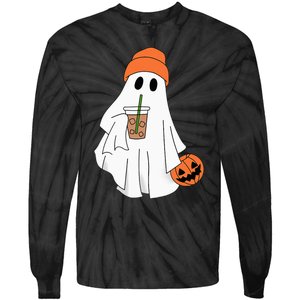 Halloween Ghost Drinking Coffee Ghost Ice Coffee Tie-Dye Long Sleeve Shirt