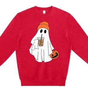 Halloween Ghost Drinking Coffee Ghost Ice Coffee Premium Crewneck Sweatshirt