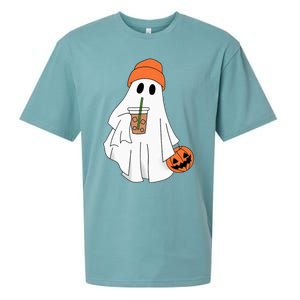 Halloween Ghost Drinking Coffee Ghost Ice Coffee Sueded Cloud Jersey T-Shirt