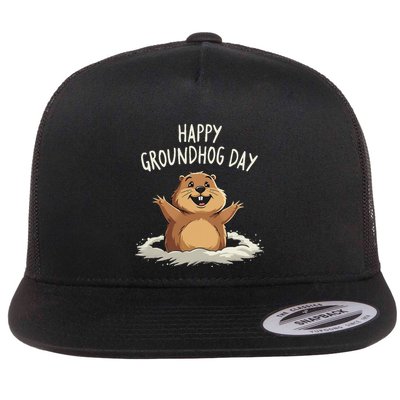Happy Groundhog Day 2025 Flat Bill Trucker Hat