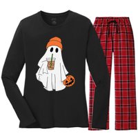 Halloween Ghost Drinking Coffee Ghost Ice Coffee Women's Long Sleeve Flannel Pajama Set 