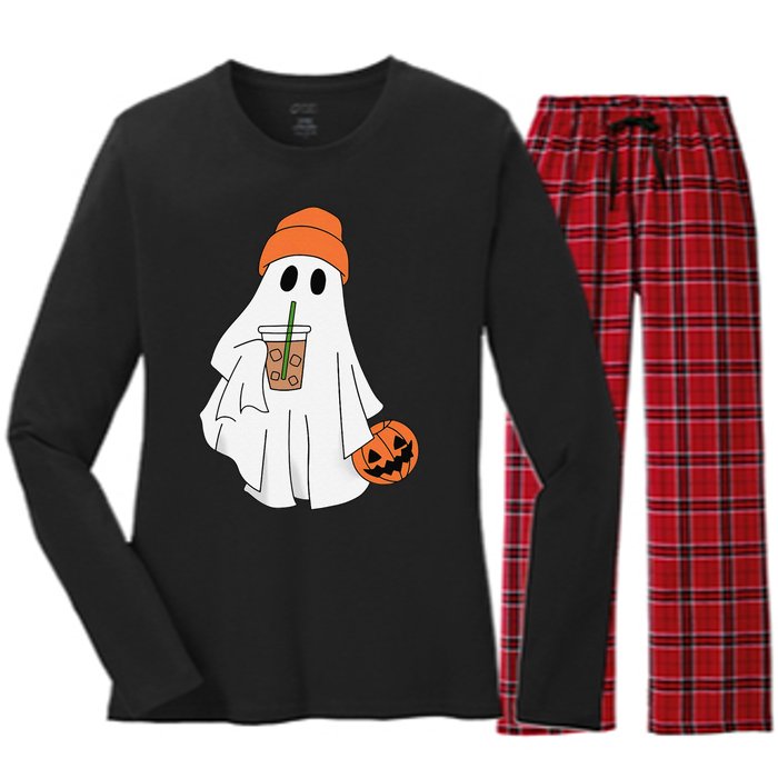 Halloween Ghost Drinking Coffee Ghost Ice Coffee Women's Long Sleeve Flannel Pajama Set 