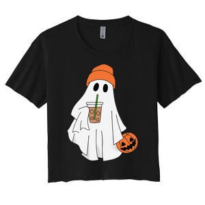 Halloween Ghost Drinking Coffee Ghost Ice Coffee Women's Crop Top Tee