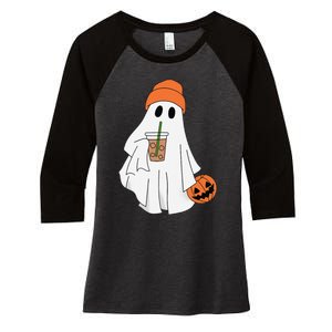 Halloween Ghost Drinking Coffee Ghost Ice Coffee Women's Tri-Blend 3/4-Sleeve Raglan Shirt