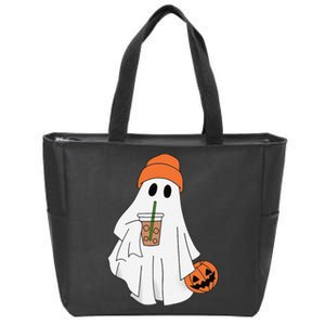 Halloween Ghost Drinking Coffee Ghost Ice Coffee Zip Tote Bag