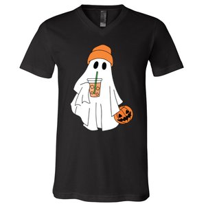 Halloween Ghost Drinking Coffee Ghost Ice Coffee Women V-Neck T-Shirt