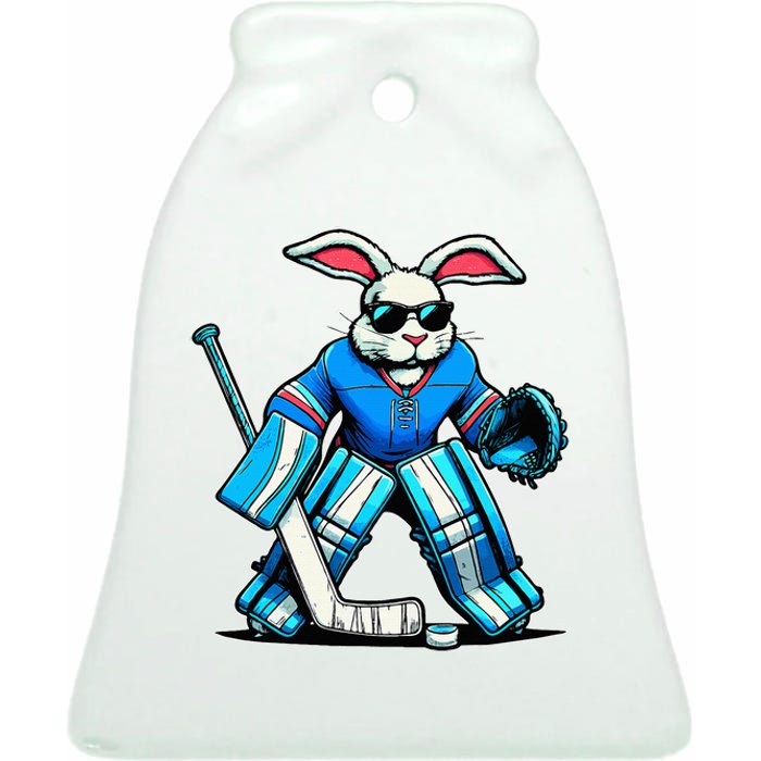 Hockey Goalie Easter Bunny Eggs Ceramic Bell Ornament