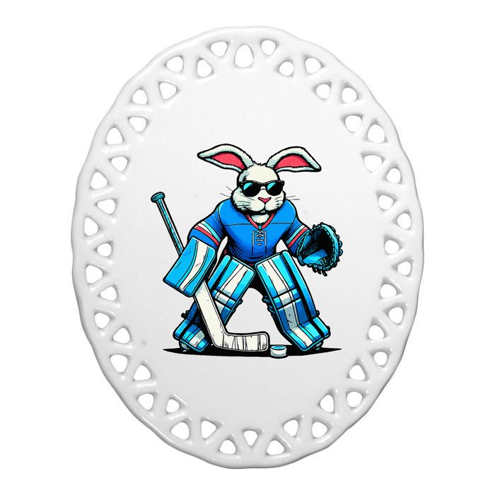 Hockey Goalie Easter Bunny Eggs Ceramic Oval Ornament