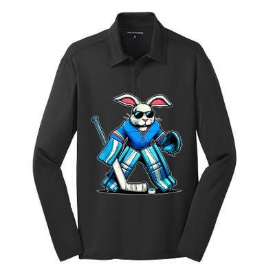 Hockey Goalie Easter Bunny Eggs Silk Touch Performance Long Sleeve Polo