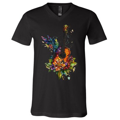 Hummingbird Guitar Floral Musician Nature Lover Bird V-Neck T-Shirt