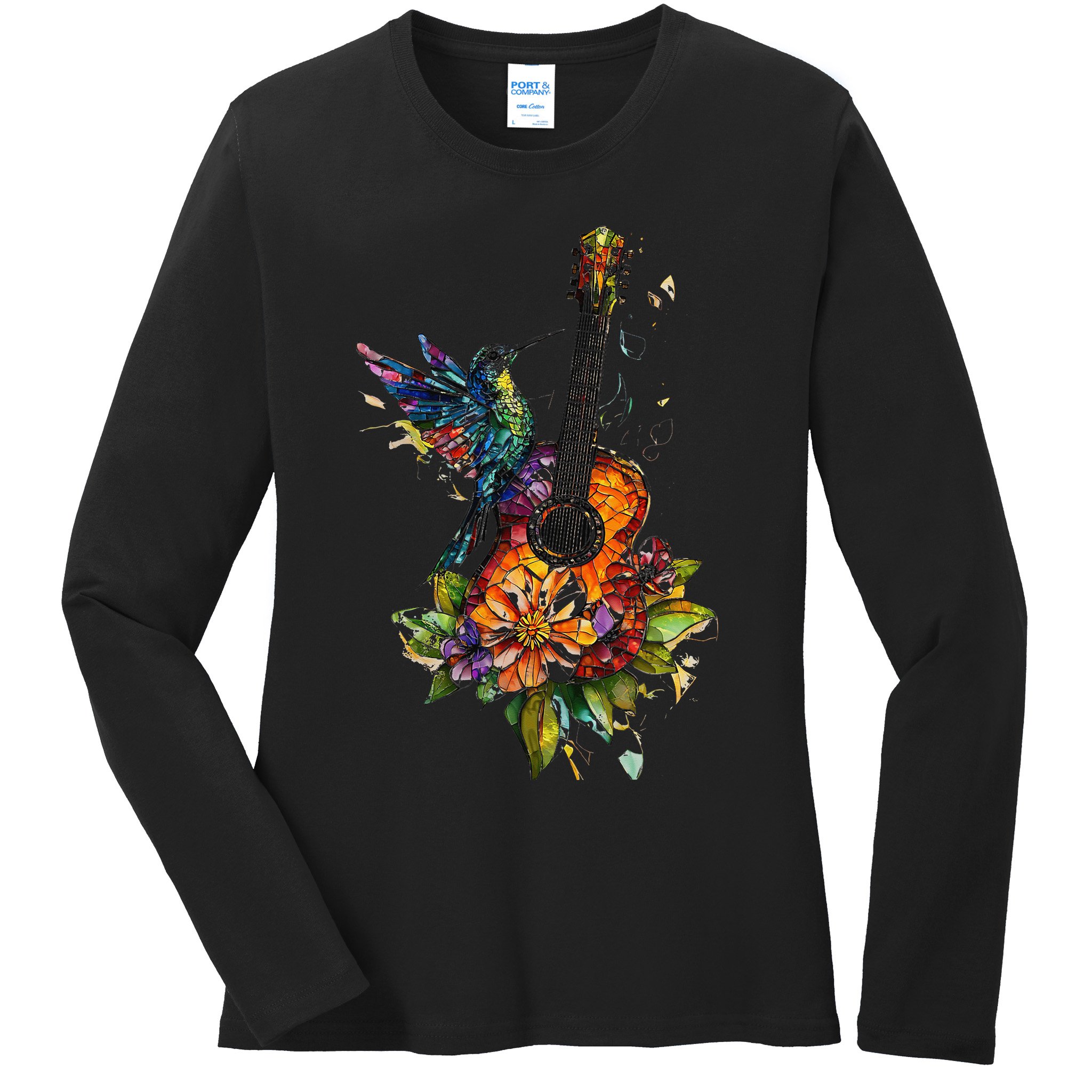 Hummingbird Guitar Floral Musician Nature Lover Bird Ladies Long Sleeve Shirt