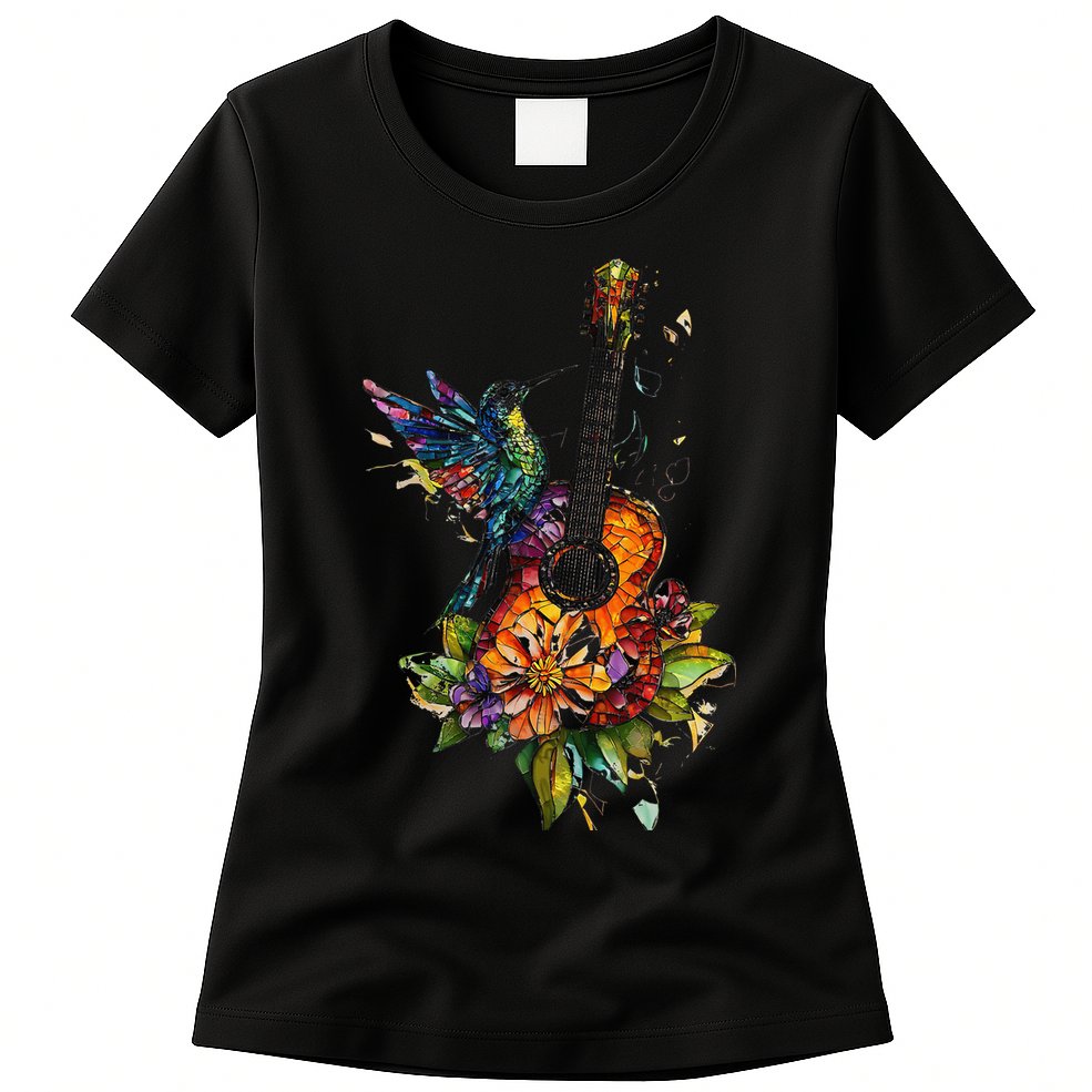 Hummingbird Guitar Floral Musician Nature Lover Bird Womens T-Shirt