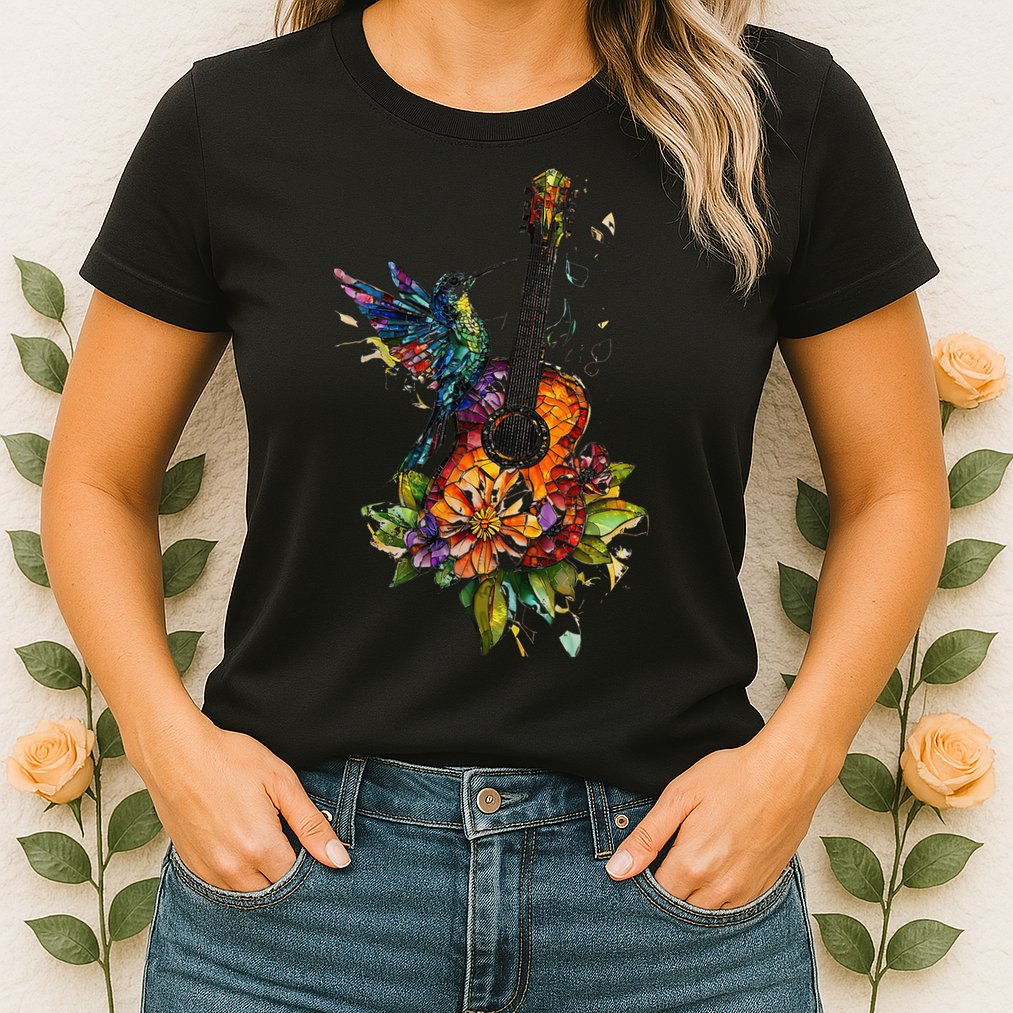 Hummingbird Guitar Floral Musician Nature Lover Bird Womens T-Shirt