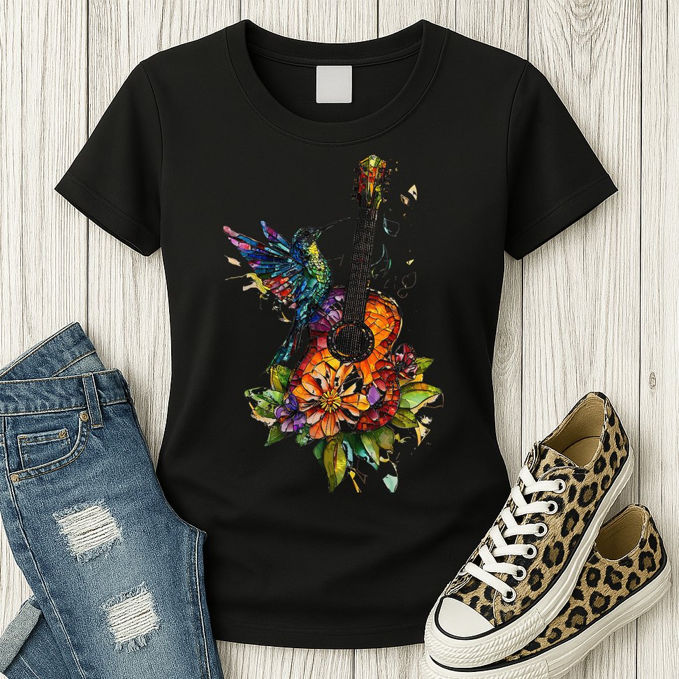 Hummingbird Guitar Floral Musician Nature Lover Bird Womens T-Shirt