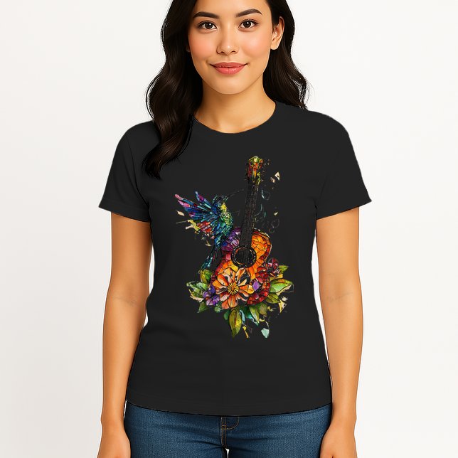 Hummingbird Guitar Floral Musician Nature Lover Bird Womens T-Shirt