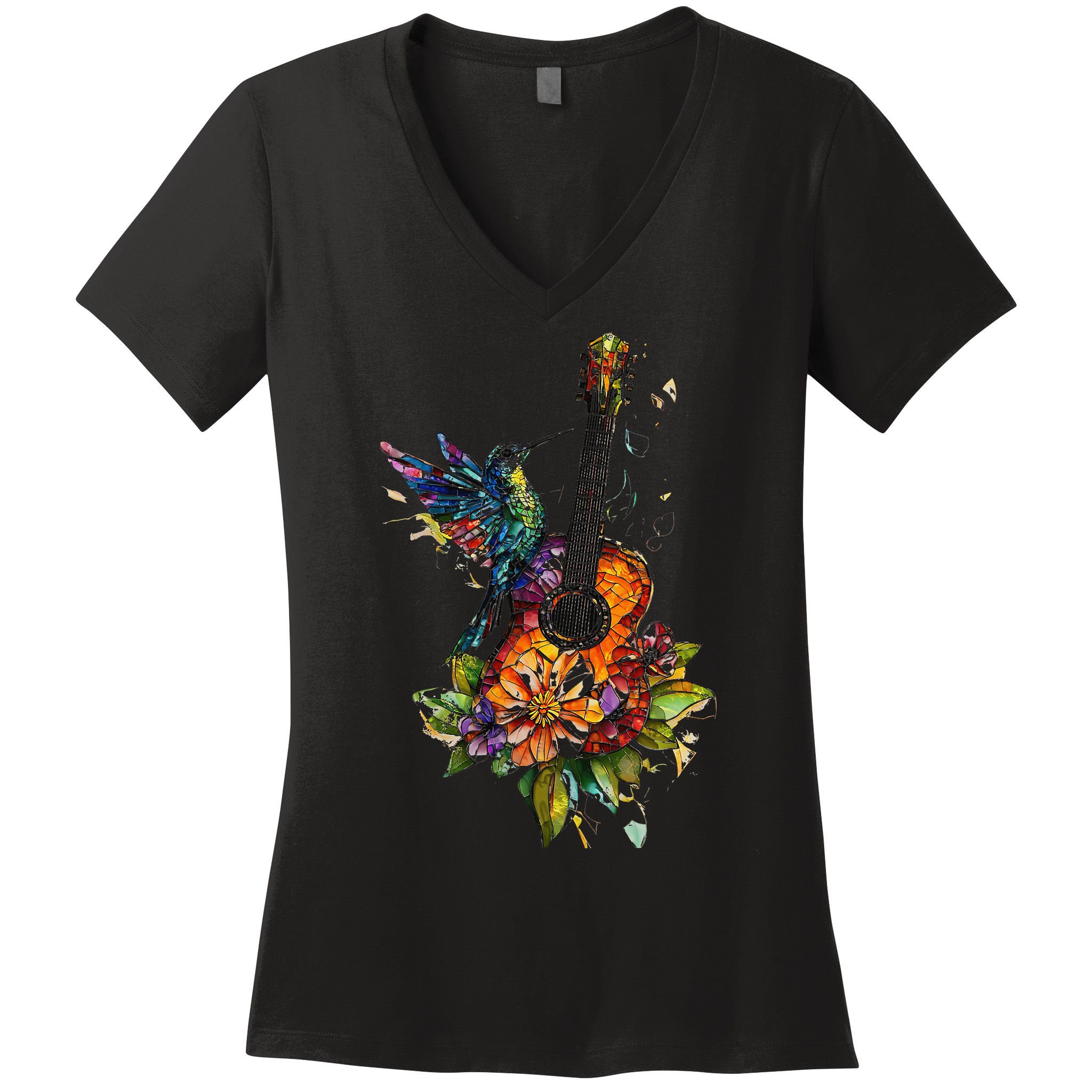 Hummingbird Guitar Floral Musician Nature Lover Bird Women's V-Neck T-Shirt
