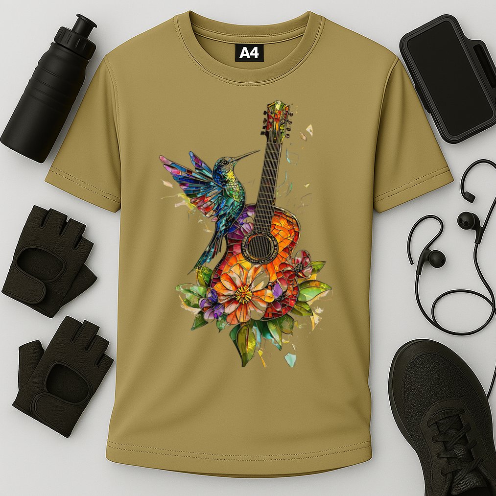 Hummingbird Guitar Floral Musician Nature Lover Bird Cooling Performance Crew T-Shirt