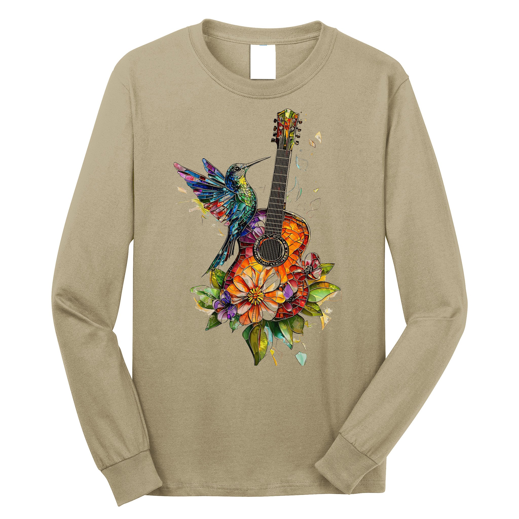 Hummingbird Guitar Floral Musician Nature Lover Bird Long Sleeve Shirt