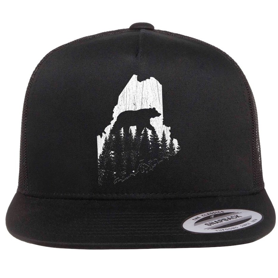 Hunting Gift For Maine Bear Pine Forest Outdoors Gift Flat Bill Trucker Hat