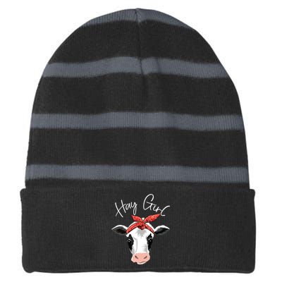 Hay Girl Farmer Funny Cattle Cow Farm Lovers Gift Women Kids Striped Beanie with Solid Band