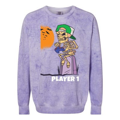 Halloween Gamer Funny Skeleton Player 1 Video Games Party Gift Colorblast Crewneck Sweatshirt