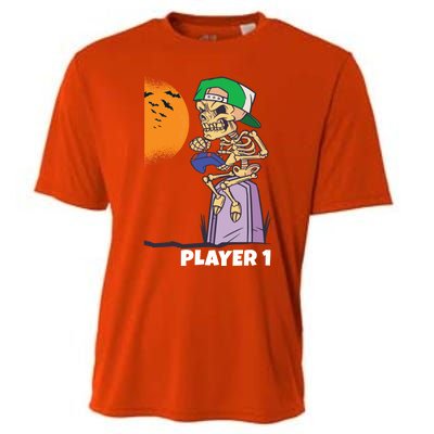 Halloween Gamer Funny Skeleton Player 1 Video Games Party Gift Cooling Performance Crew T-Shirt