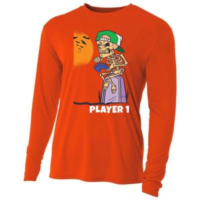 Halloween Gamer Funny Skeleton Player 1 Video Games Party Gift Cooling Performance Long Sleeve Crew