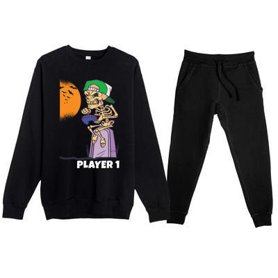 Halloween Gamer Funny Skeleton Player 1 Video Games Party Gift Premium Crewneck Sweatsuit Set