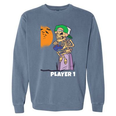 Halloween Gamer Funny Skeleton Player 1 Video Games Party Gift Garment-Dyed Sweatshirt