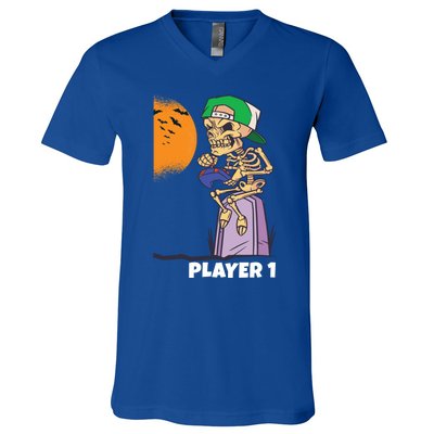 Halloween Gamer Funny Skeleton Player 1 Video Games Party Gift V-Neck T-Shirt