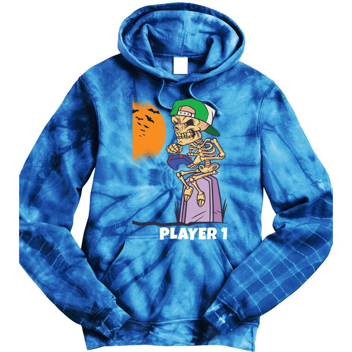 Halloween Gamer Funny Skeleton Player 1 Video Games Party Gift Tie Dye Hoodie