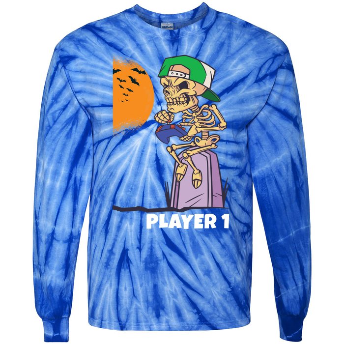 Halloween Gamer Funny Skeleton Player 1 Video Games Party Gift Tie-Dye Long Sleeve Shirt