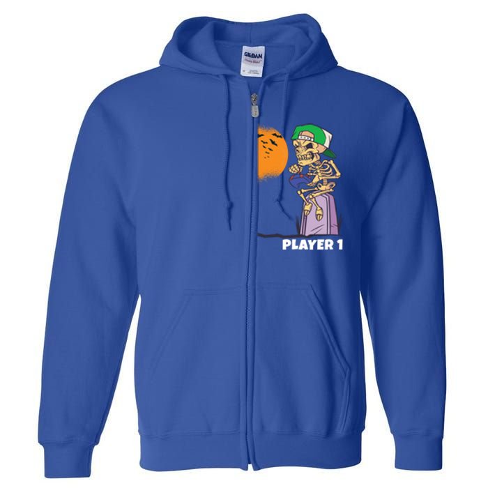 Halloween Gamer Funny Skeleton Player 1 Video Games Party Gift Full Zip Hoodie