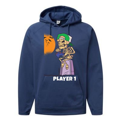 Halloween Gamer Funny Skeleton Player 1 Video Games Party Gift Performance Fleece Hoodie