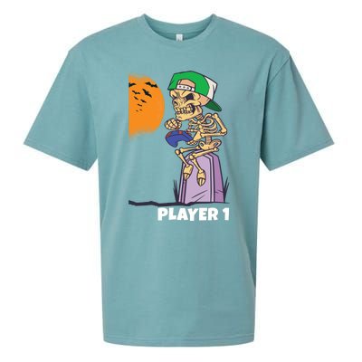 Halloween Gamer Funny Skeleton Player 1 Video Games Party Gift Sueded Cloud Jersey T-Shirt