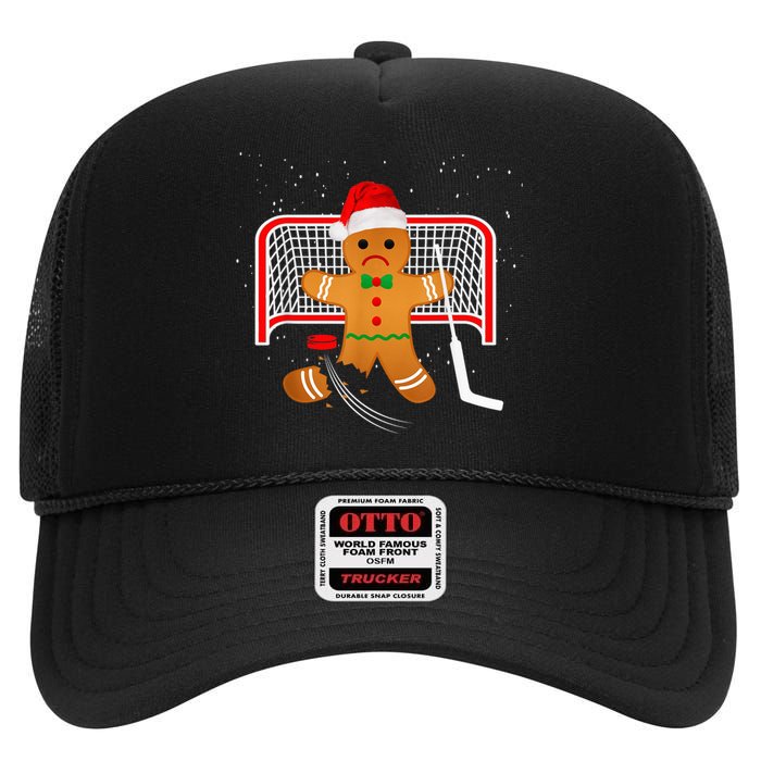 Hockey Goalie Funny Christmas Gingerbread Man Goalie Shirt High Crown Mesh Back Trucker Hat