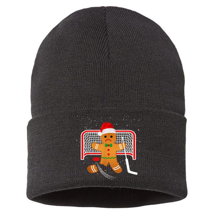 Hockey Goalie Funny Christmas Gingerbread Man Goalie Shirt Sustainable Knit Beanie