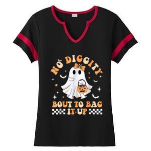 Halloween Ghost Funny No Diggity Bout To Bag It Up Spooky Ladies Halftime Notch Neck Tee