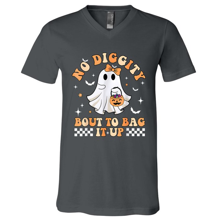 Halloween Ghost Funny No Diggity Bout To Bag It Up Spooky V-Neck T-Shirt