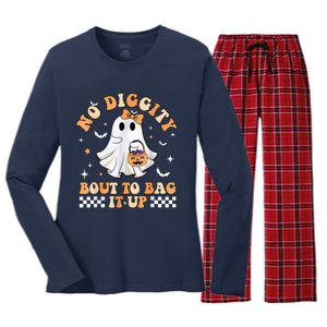 Halloween Ghost Funny No Diggity Bout To Bag It Up Spooky Women's Long Sleeve Flannel Pajama Set 