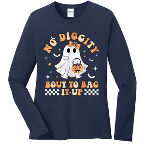 Halloween Ghost Funny No Diggity Bout To Bag It Up Spooky Ladies Long Sleeve Shirt