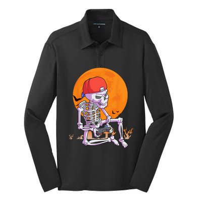 Halloween Gamer Gaming Skeleton Silk Touch Performance Long Sleeve Polo