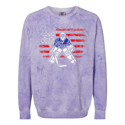 Hockey Goalie Gift USA Flag Hockey Stick Ice Hockey Colorblast Crewneck Sweatshirt