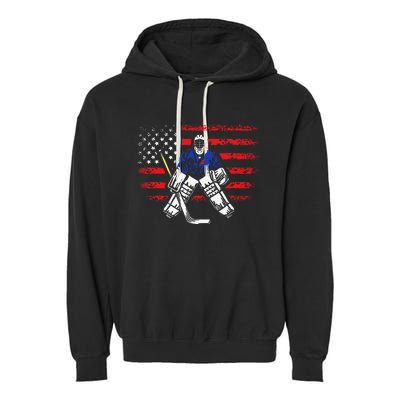 Hockey Goalie Gift USA Flag Hockey Stick Ice Hockey Garment-Dyed Fleece Hoodie