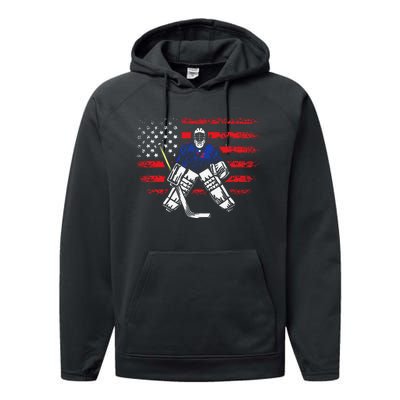 Hockey Goalie Gift USA Flag Hockey Stick Ice Hockey Performance Fleece Hoodie