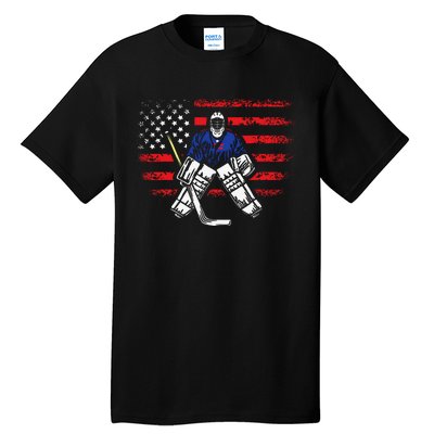 Hockey Goalie Gift USA Flag Hockey Stick Ice Hockey Tall T-Shirt