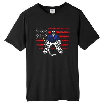 Hockey Goalie Gift USA Flag Hockey Stick Ice Hockey Tall Fusion ChromaSoft Performance T-Shirt