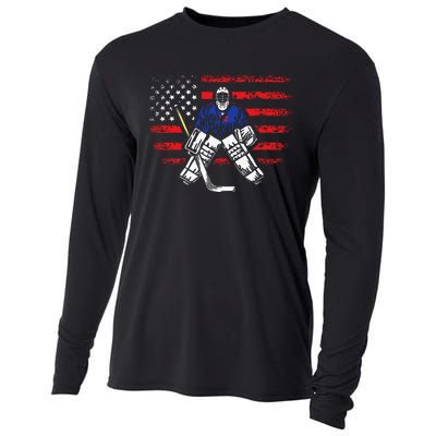 Hockey Goalie Gift USA Flag Hockey Stick Ice Hockey Cooling Performance Long Sleeve Crew