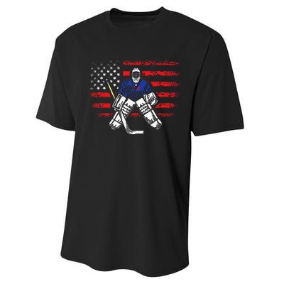 Hockey Goalie Gift USA Flag Hockey Stick Ice Hockey Performance Sprint T-Shirt